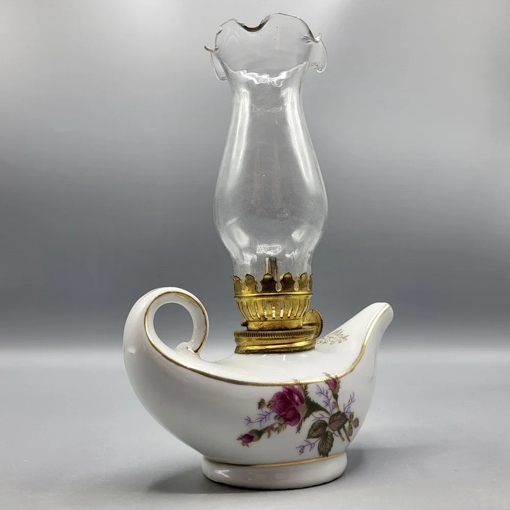 Vtg Genie Aladdin Mini Porcelain Oil Lamp Moss Rose Gold Trim Japan 7.5